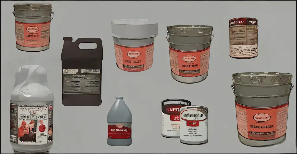 Different types of cement sealer containers showing acrylic, epoxy, polyurethane, and polyaspartic varieties