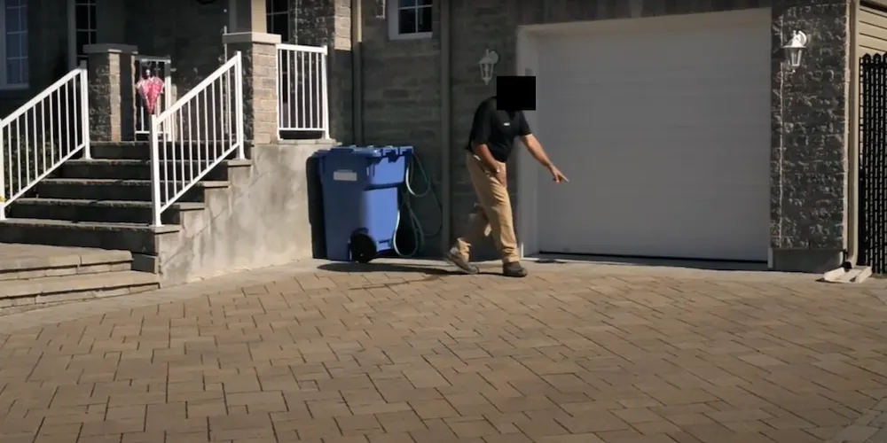 A residential home with a man standing on the driveway, pointing at a newly paved driveway made with rectangular paving stones